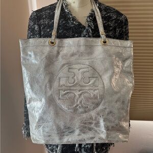 Tory Bruch sliver metallic leather tote